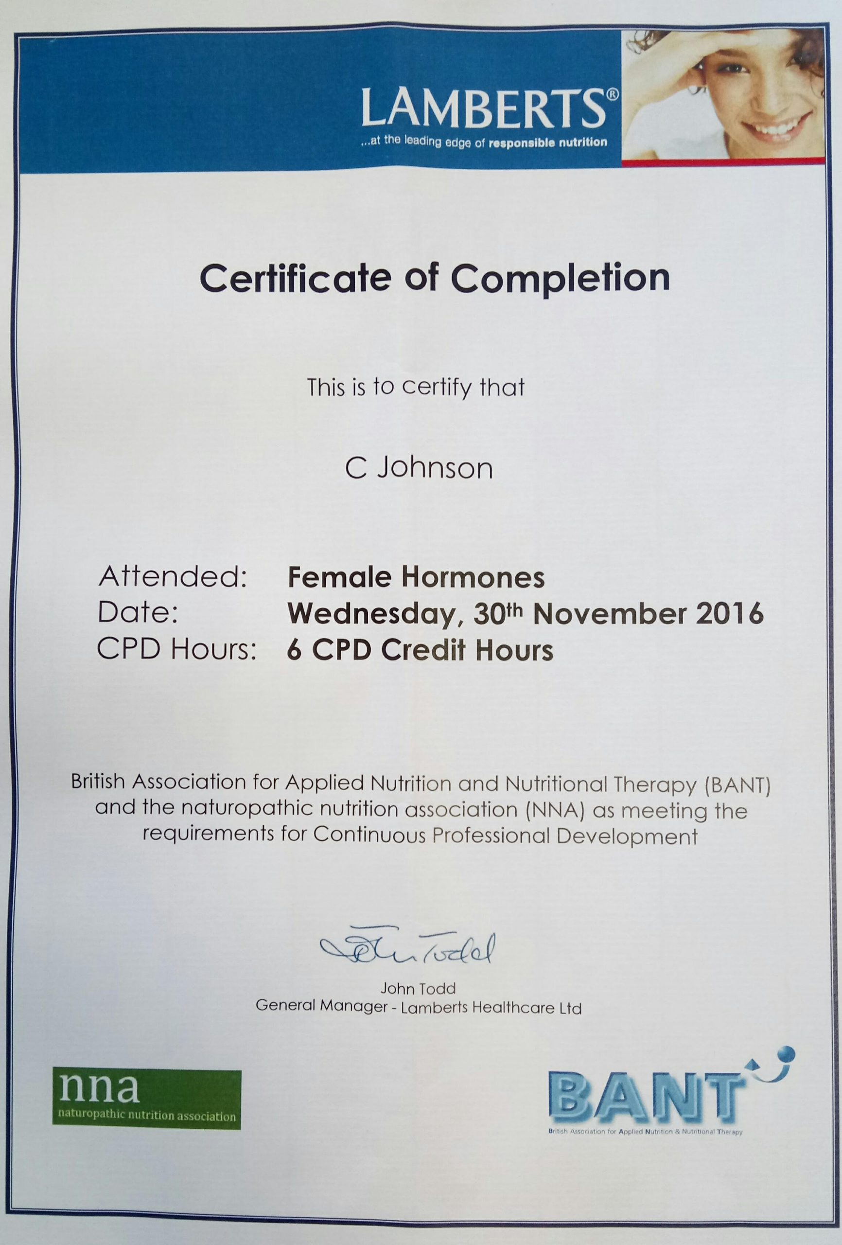Certificate of Completion - Female Hormones - Trichologist Dublin