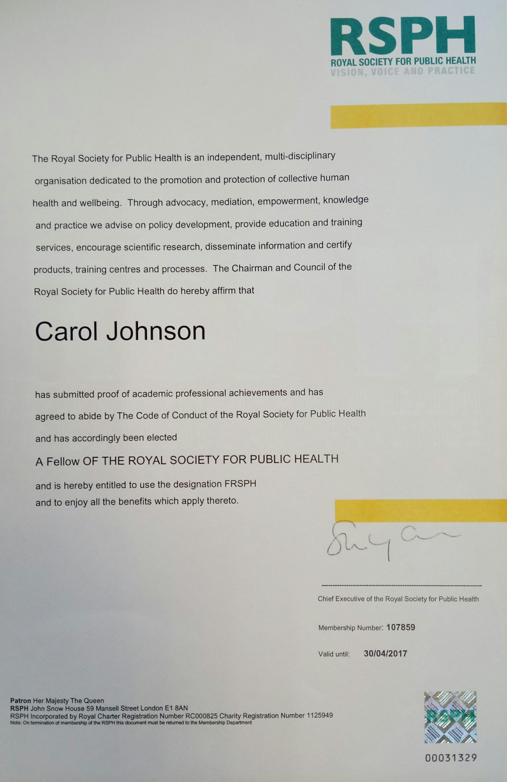 Fellow of The Royal Society for Public Health - Trichologist Dublin