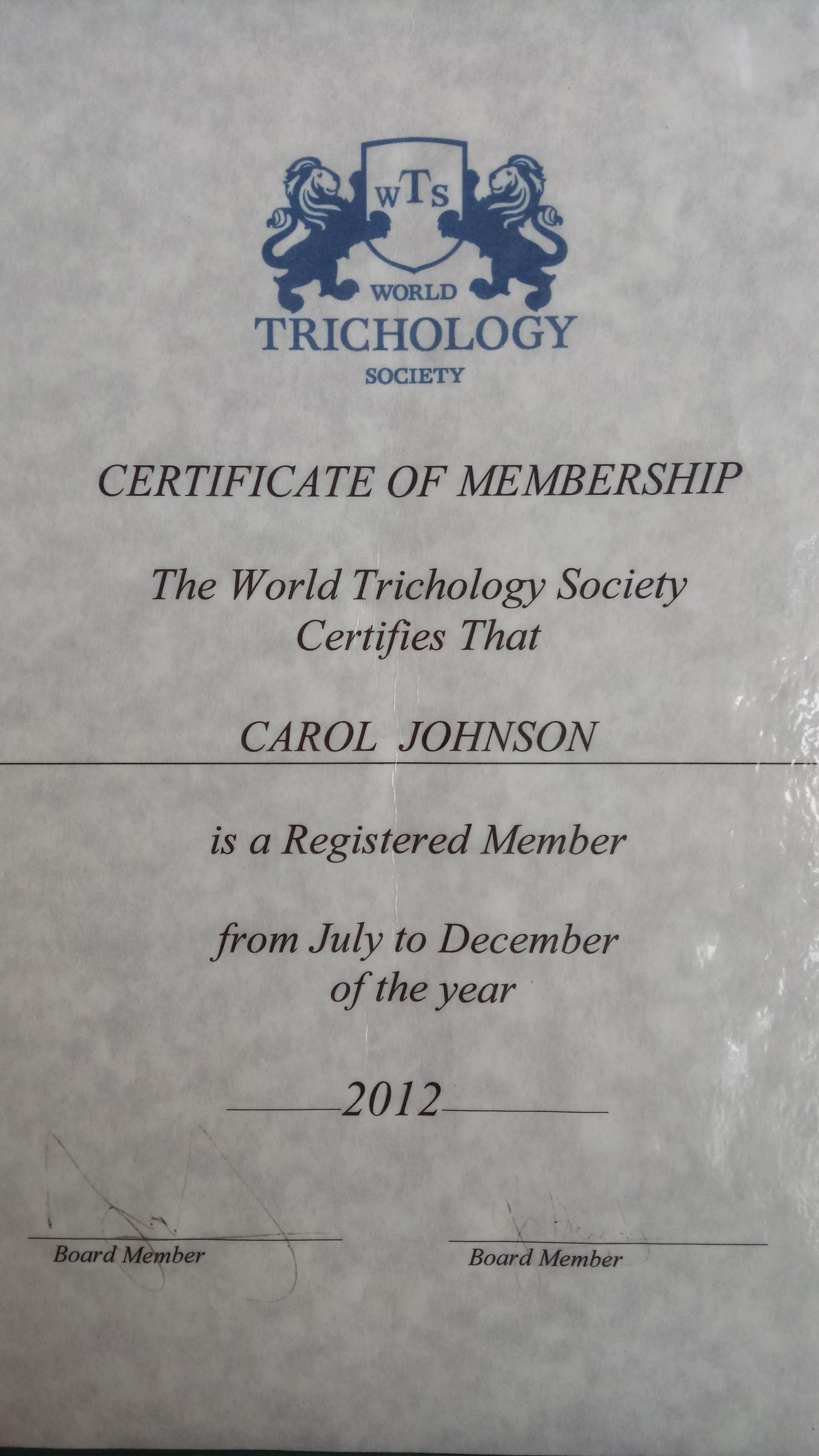 World Trichology Society - Certificate of Membership - Trichologist Dublin
