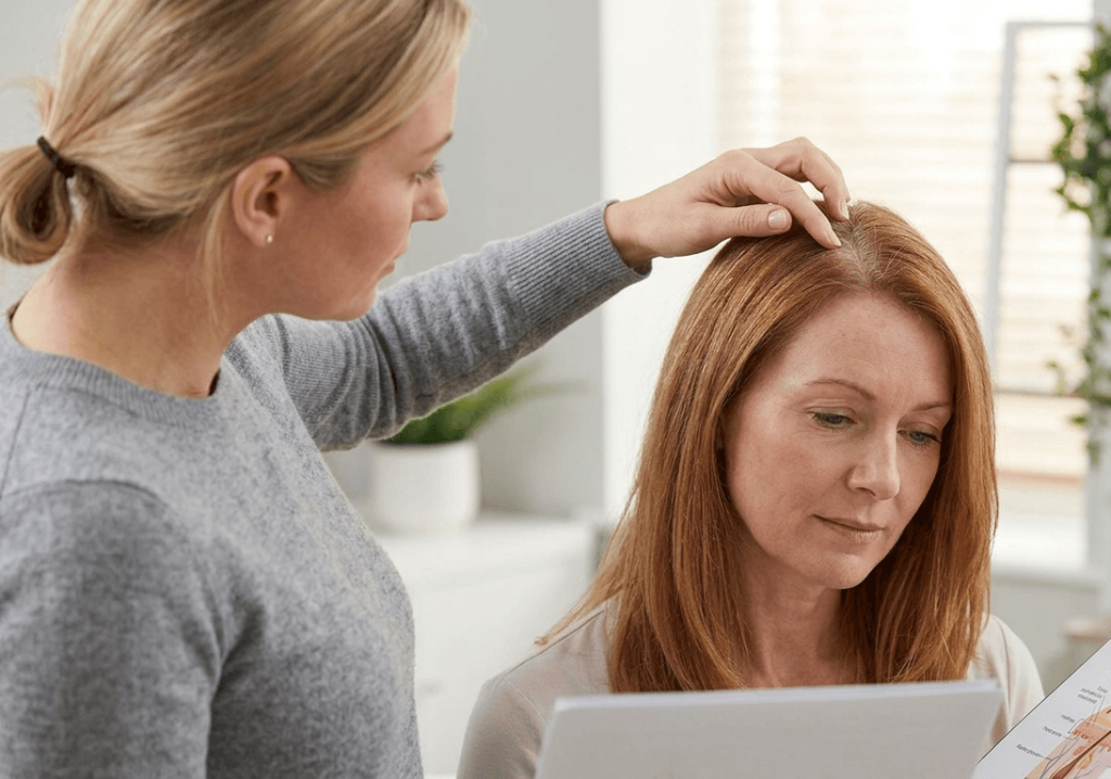 A trichologist examines a woman's scalp during a consultation for menopause hair thinning