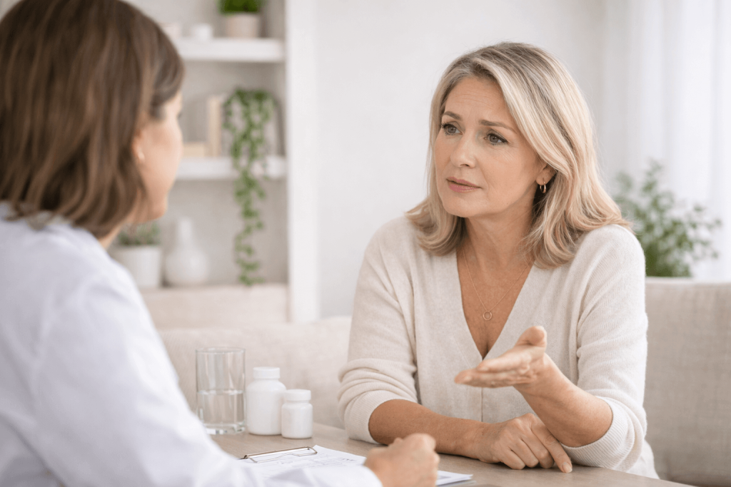 Woman discussing menopause hair thinning with a specialist during a consultation