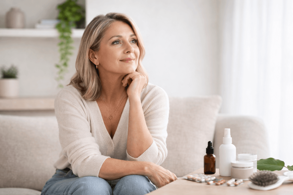Woman looking calm and confident, reflecting reassurance after addressing menopause hair thinning