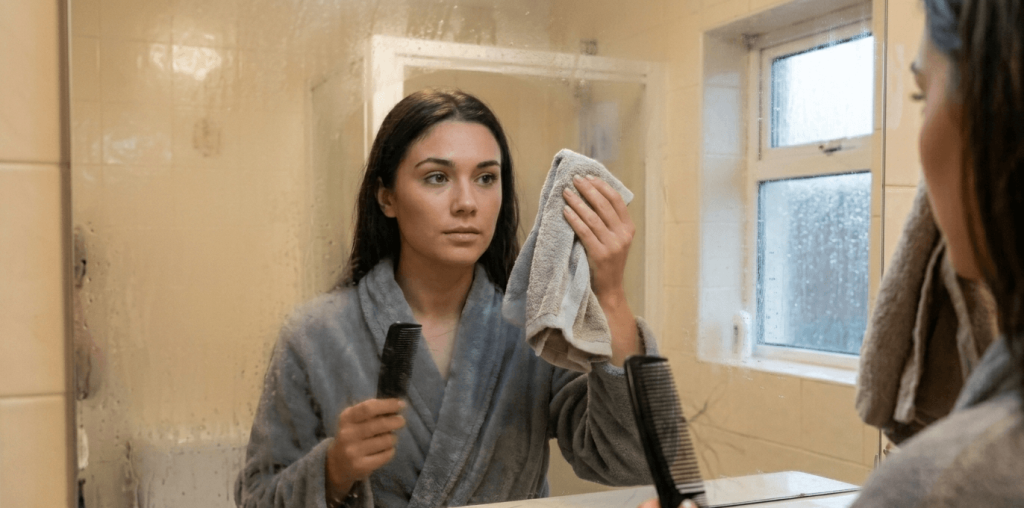 Person checking a hairbrush in a steamed bathroom mirror after a shower.