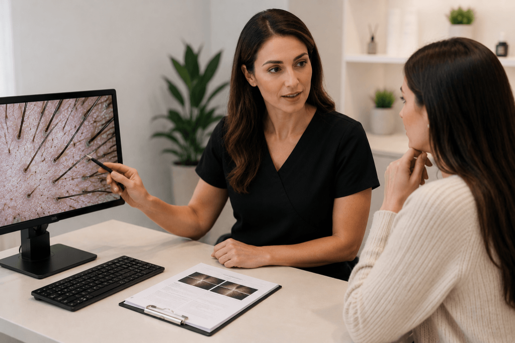 Professional consultation discussing scalp analysis for hair loss
