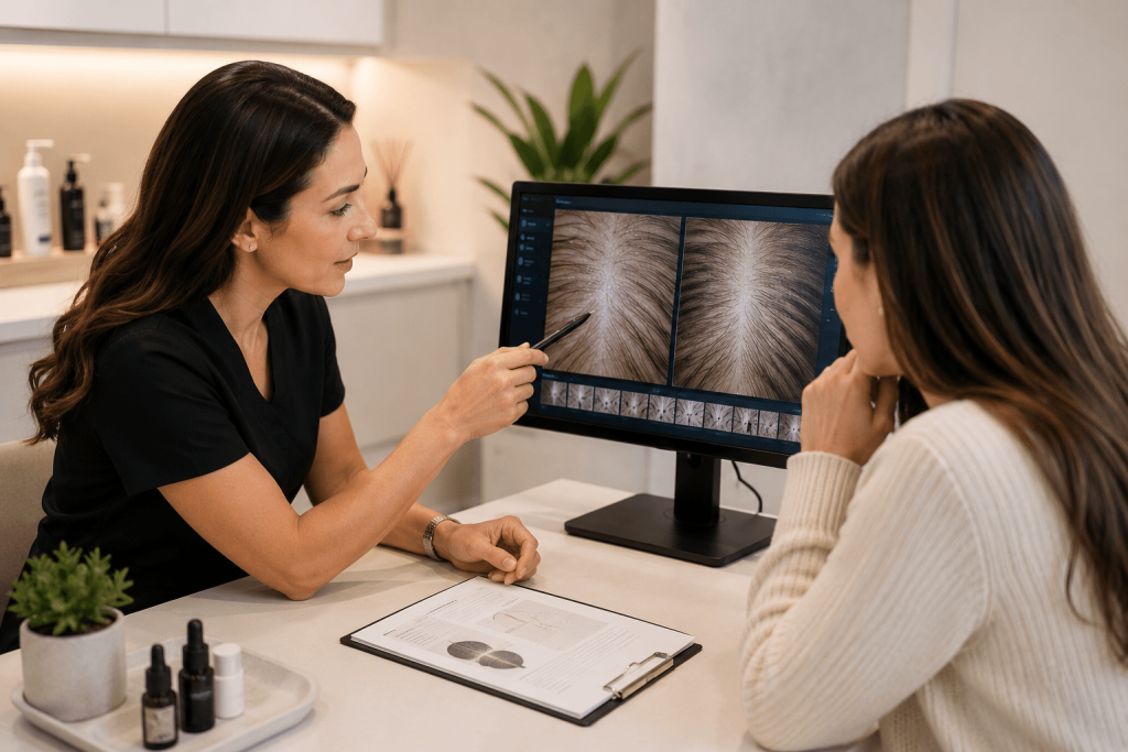 Reviewing scalp analysis results during a professional hair loss consultation
