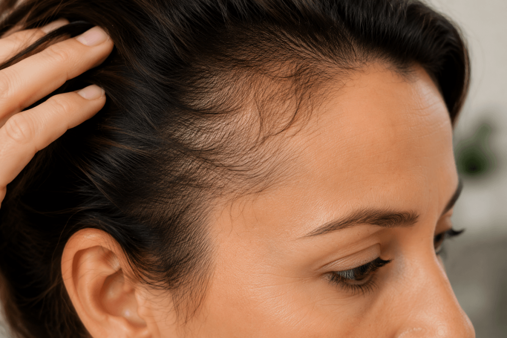What Causes Hair Loss at the Temples in Women? 2 Close-up of a woman's hairline near the temple, showing a blend of fine, short vellus hairs and longer terminal hairs, illustrating subtle hair miniaturisation.