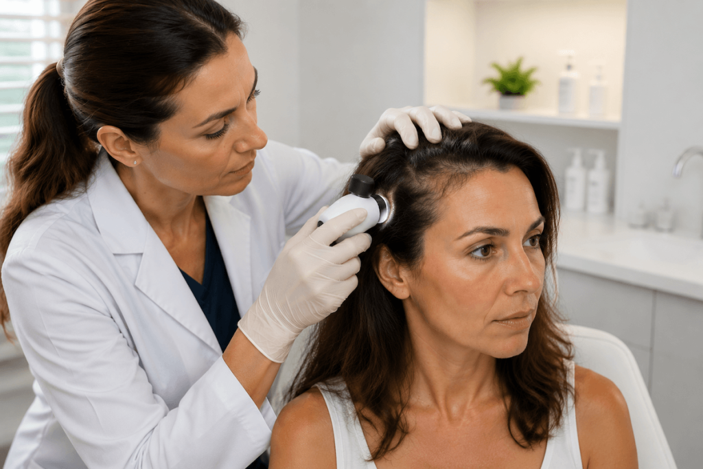 What Causes Hair Loss at the Temples in Women? 3 A trichologist using a specialised device to examine a woman's hairline and temple for thinning.