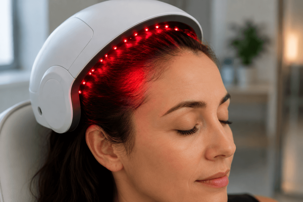 What Causes Hair Loss at the Temples in Women? 4 A woman using a low-level laser therapy (LLLT) medical cap with red light treatment to stimulate follicle growth.