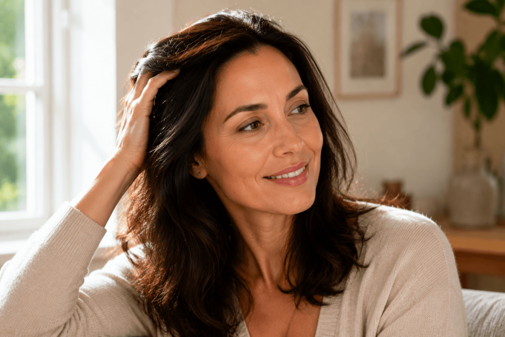What Causes Hair Loss at the Temples in Women? 5 A smiling, confident woman running her hand through her healthy hair in a bright room, showcasing a positive response to hair loss management.