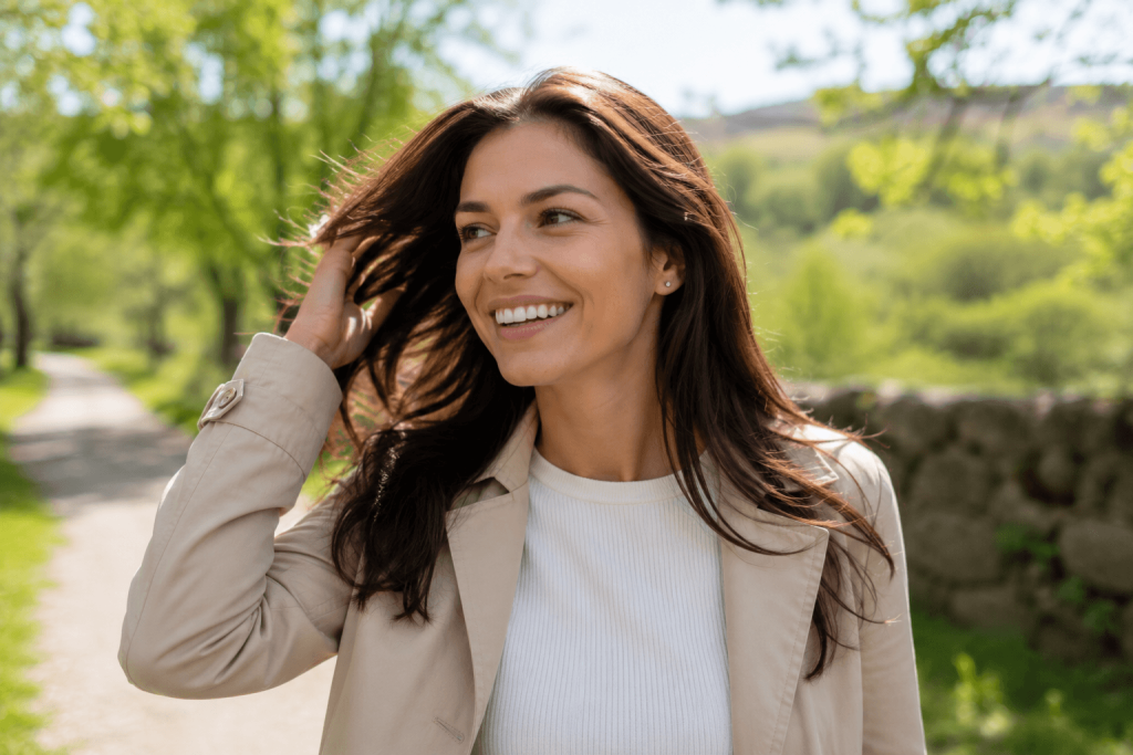 Woman running her fingers through healthy hair while walking outdoors on a bright spring day