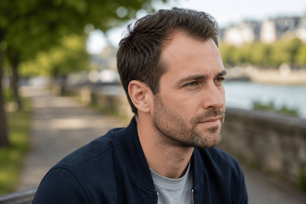 Man with early signs of temple recession and mild hair thinning