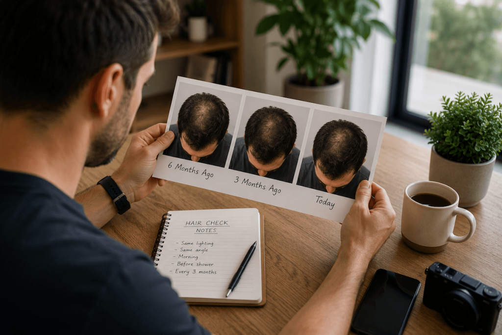 Man comparing photographs taken over several months to track changes in hair density and thinning.