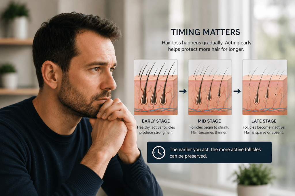 Illustration showing how hair follicles change over time, highlighting why early hair loss treatment can help preserve active follicles.