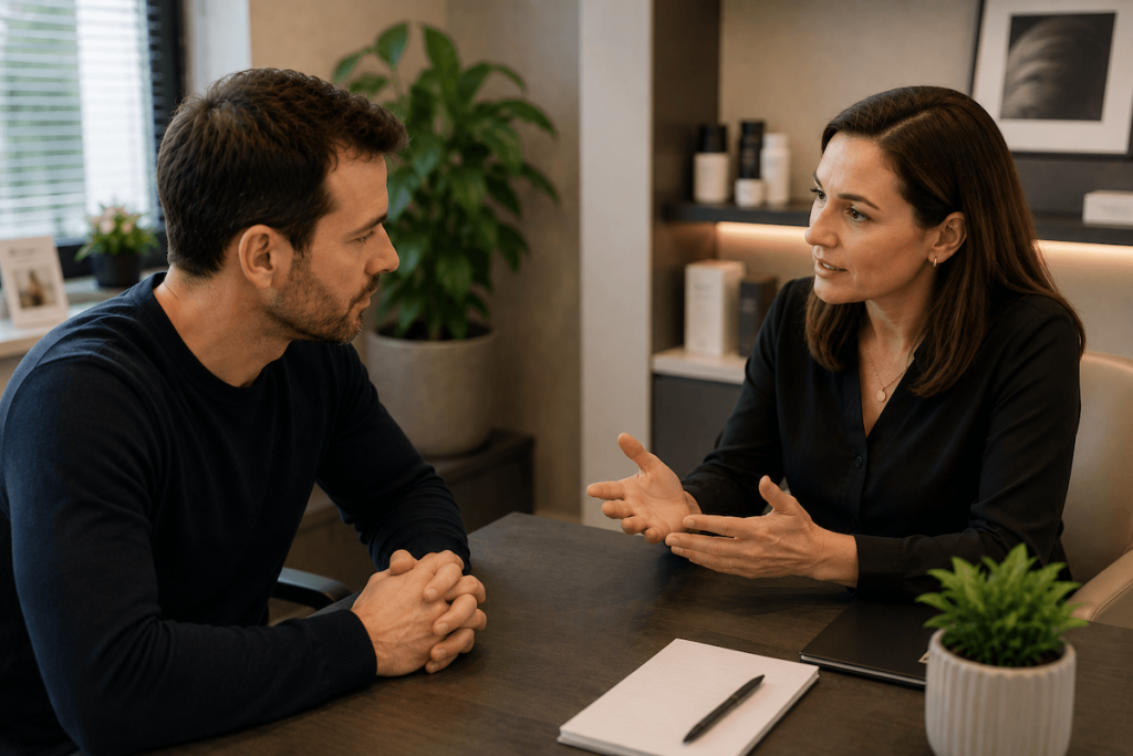 Female hair specialist discussing personalised treatment options with a male patient during a consultation.