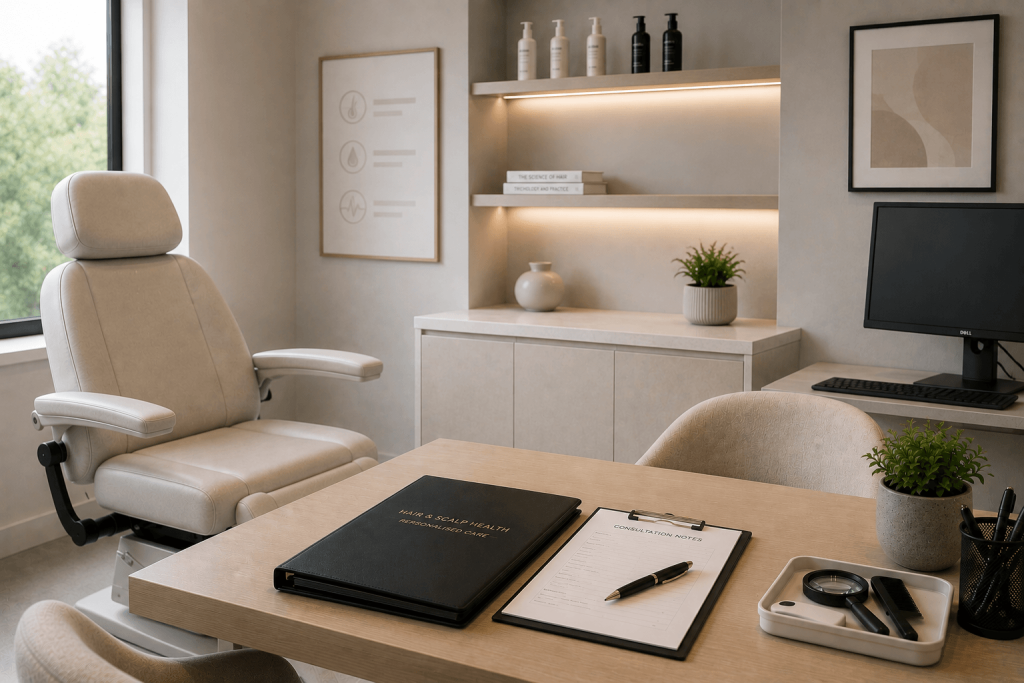 What Happens During a Hair and Scalp Consultation? 2 Bright, modern hair and scalp consultation room prepared for a professional assessment with a consultation chair.