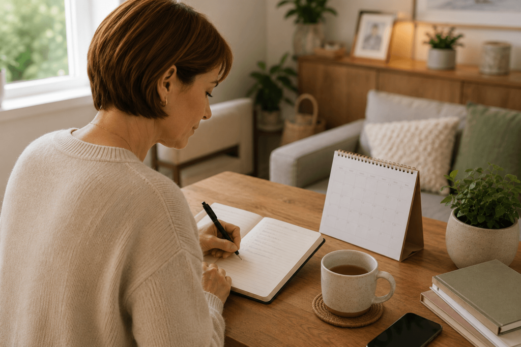 What Happens During a Hair and Scalp Consultation? 3 Woman with a short auburn bob writing notes at home before attending a hair and scalp consultation