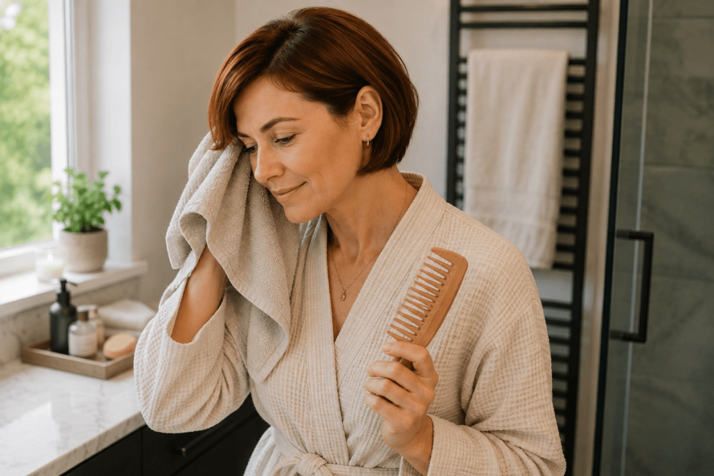 What Happens During a Hair and Scalp Consultation? 4 Woman with a short auburn bob gently drying her hair as part of her healthy hair and scalp care routine