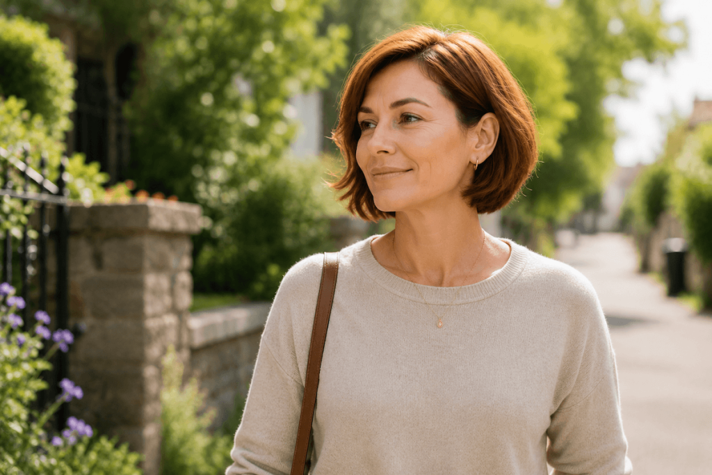 What Happens During a Hair and Scalp Consultation? 5 Woman with a short auburn bob looking relaxed and confident after receiving professional hair and scalp advice.