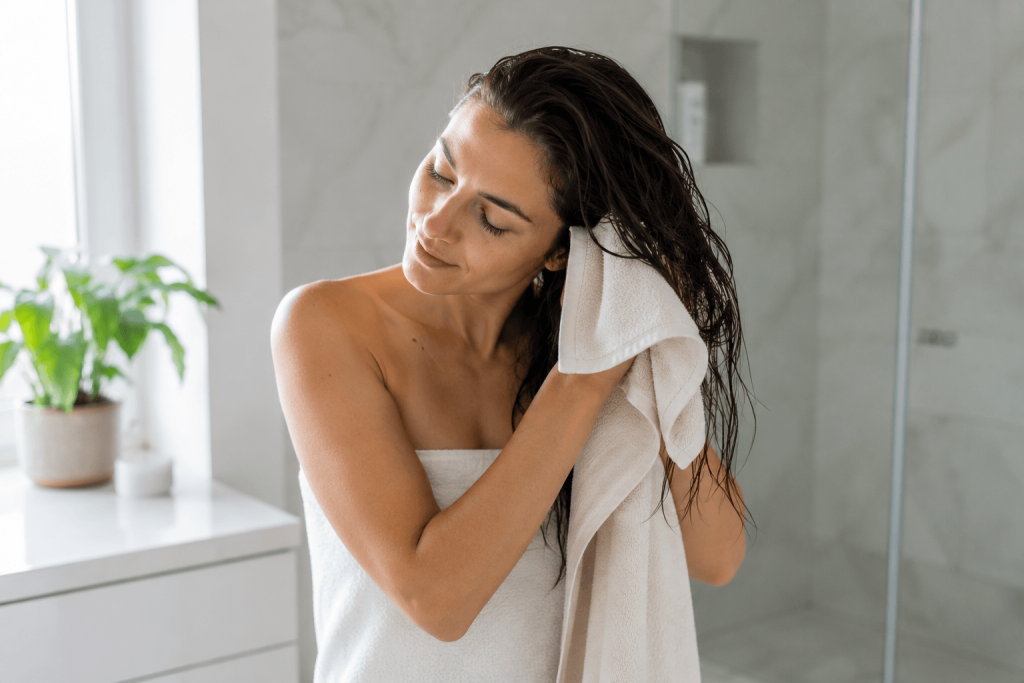 Woman gently towel-drying her hair after showering in a bright modern bathroom
